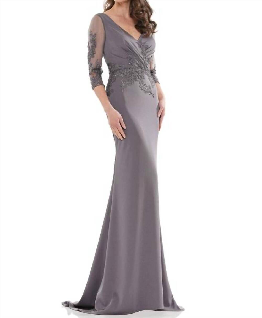 NEW COLORS DRESS beaded long sleeve gown in charcoal